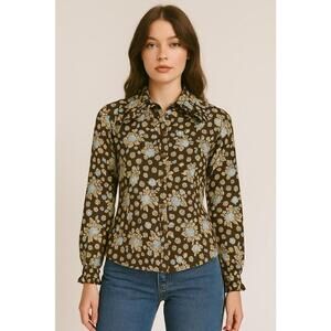 VTG 70s Sz S College Town Brown Blue Floral Ruffle Collar Button Blouse Retro